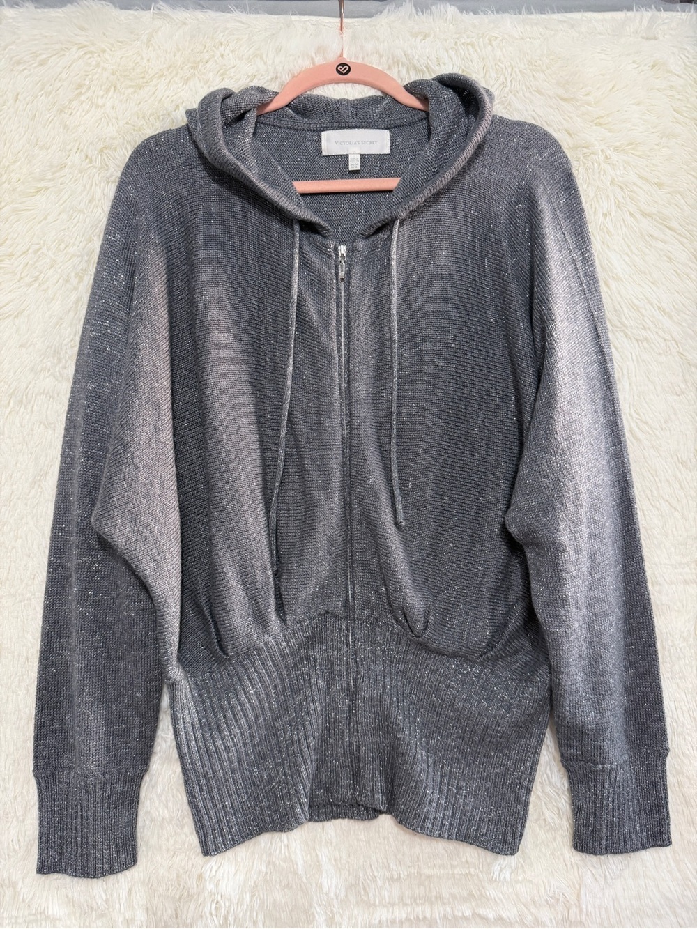 Y2K Victorias Secret Womens Hooded Zip-up Grey Glitter Shimmer M/L Glam Retro